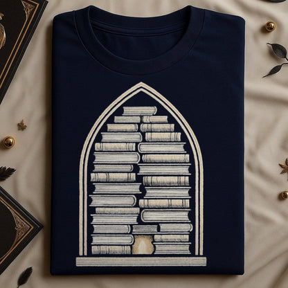 Arched bookshelf design on navy blue shirt product type
