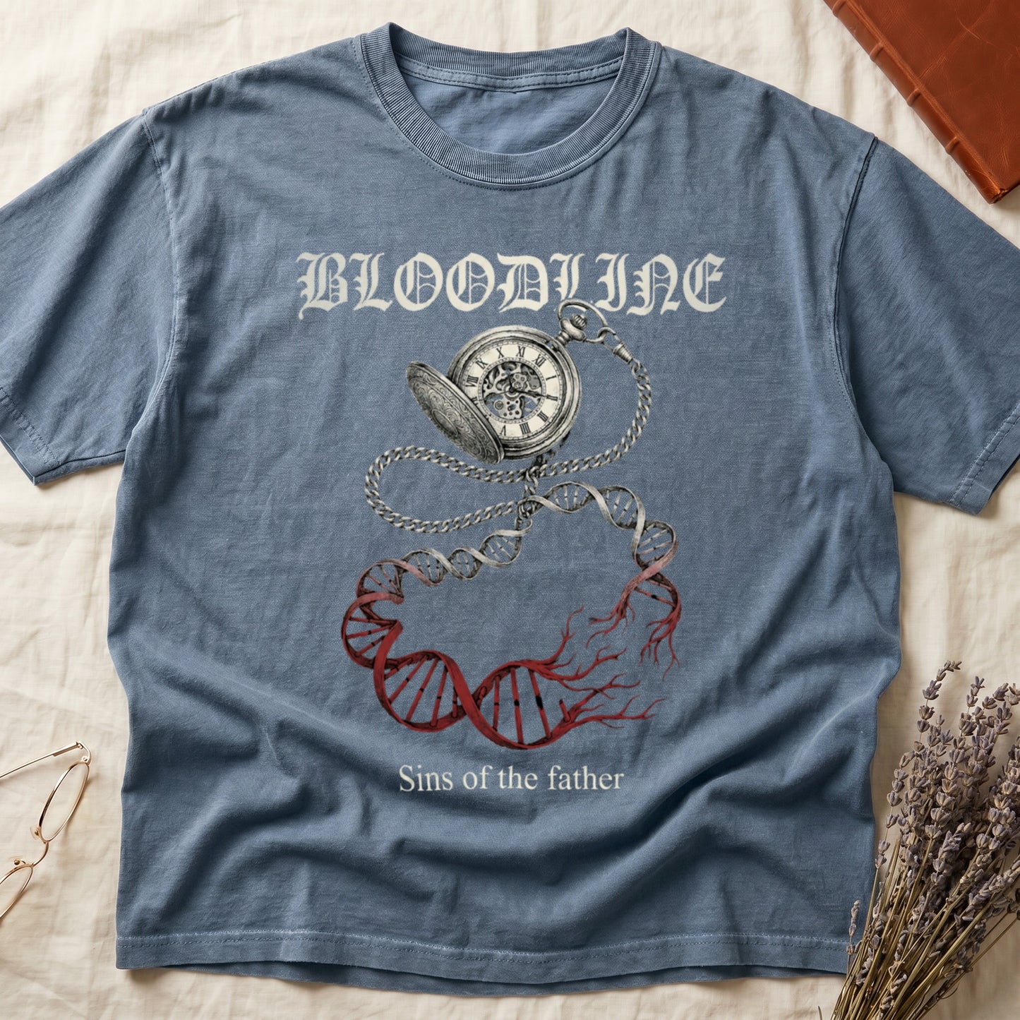 Blue Jean tee with antique pocket watch chain becoming DNA helix with red roots, "BLOODLINE" top, "Sins of the father" below.