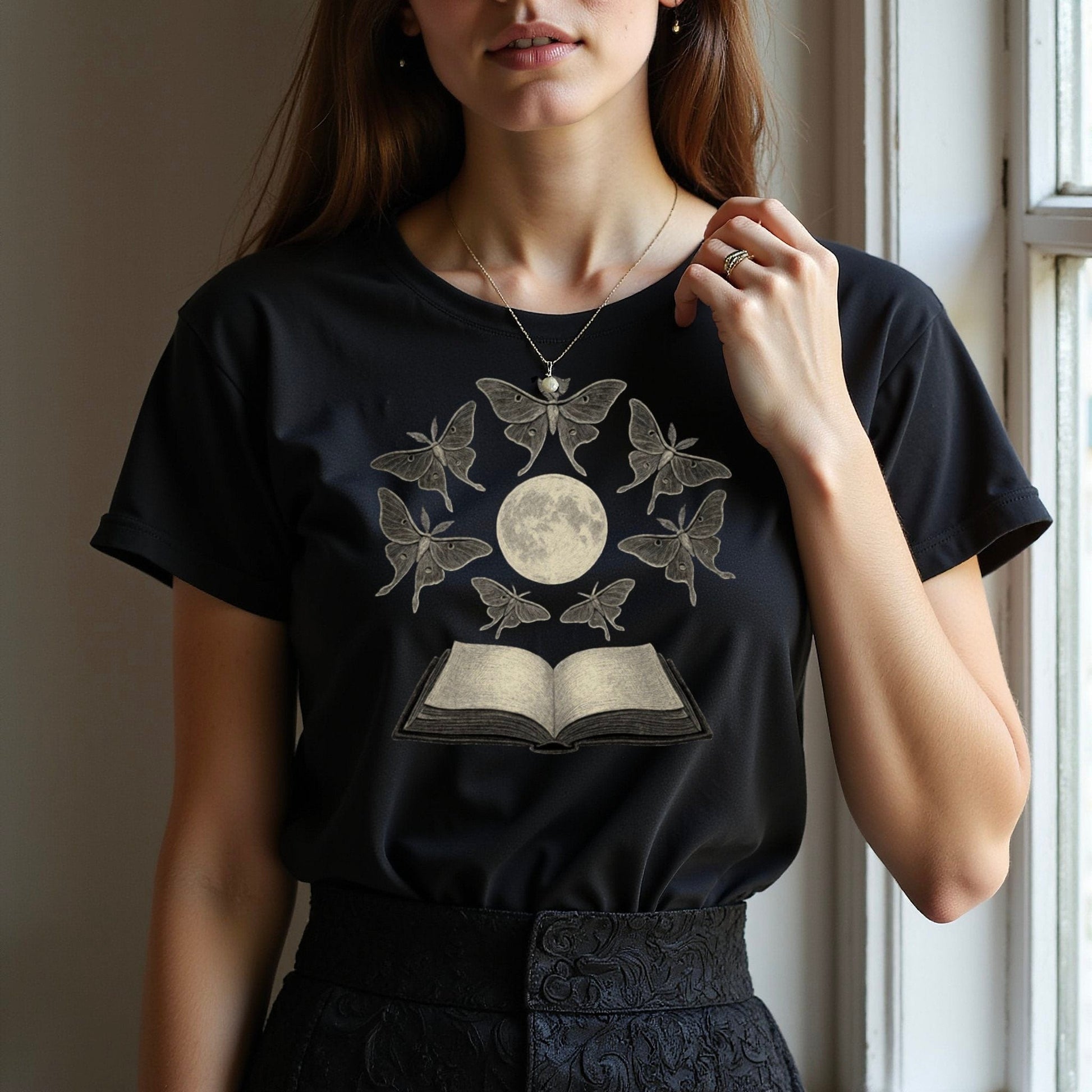 Moon And Moths Design Black Graphic T-Shirt product