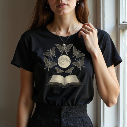 Moon And Moths Design Black Graphic T-Shirt product