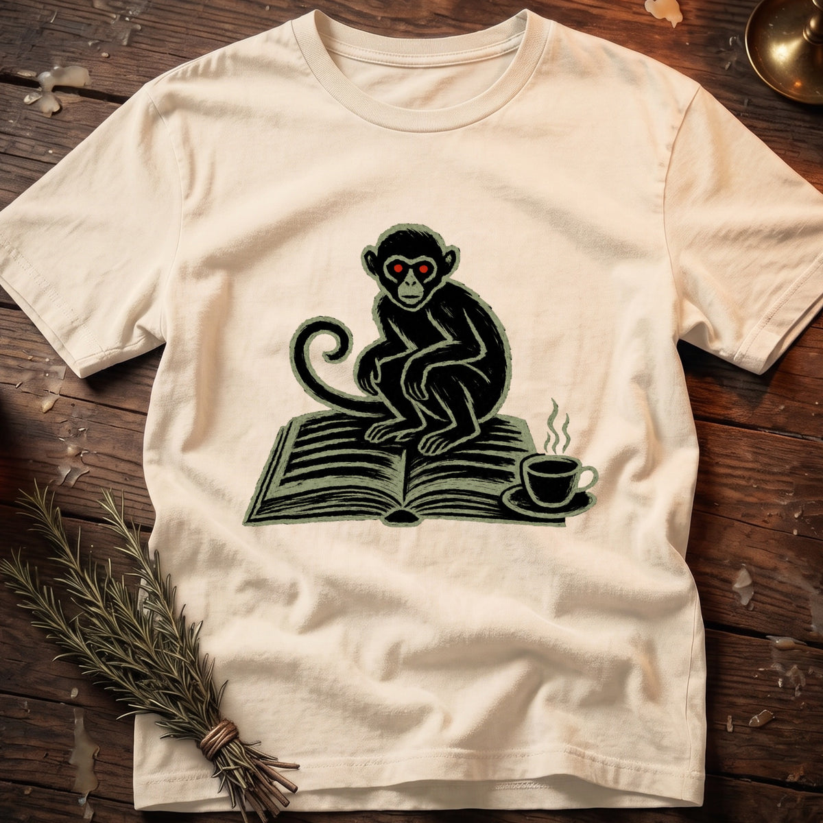 Monkey with red eyes sitting on an open book next to a steaming coffee cup.