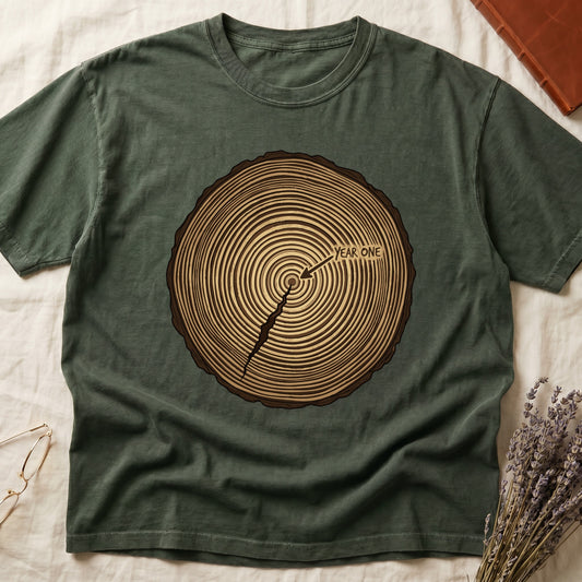 Green tee with cross-section of tree rings in warm brown, arrow pointing to center labeled "YEAR ONE" in serif type.