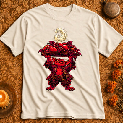 Red cat character wearing historical clothing holding a tray of fruit.
