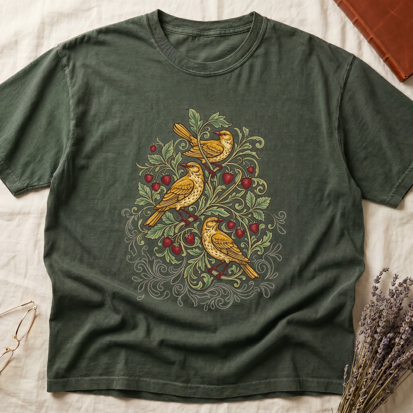 Green tee with three yellow songbirds perched among strawberry vines and green leaves, William Morris pattern style.