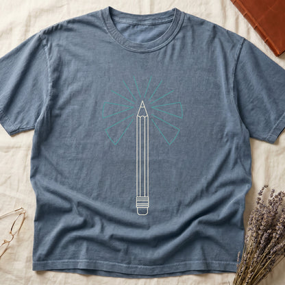 Blue Jean tee with single vertical graphite pencil in cream linework, fan of teal and grey rays radiating behind.