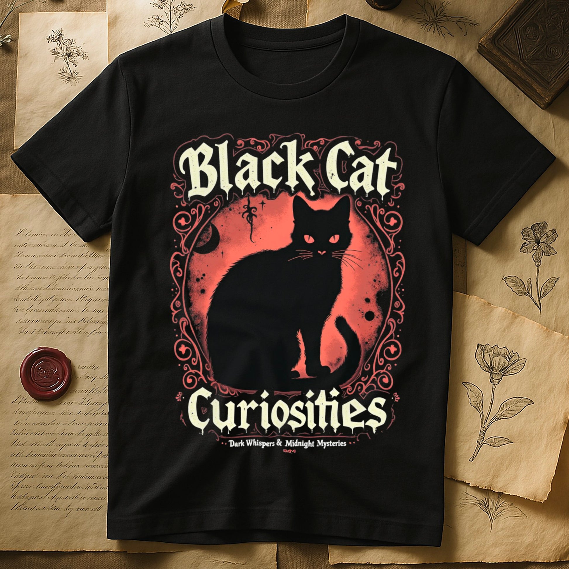 Black tee with black cat, red eyes, red-orange moon, "Black Cat Curiosities," "Dark Whispers & Midnight Mysteries."