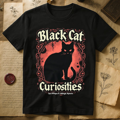 Black tee with black cat, red eyes, red-orange moon, "Black Cat Curiosities," "Dark Whispers & Midnight Mysteries."
