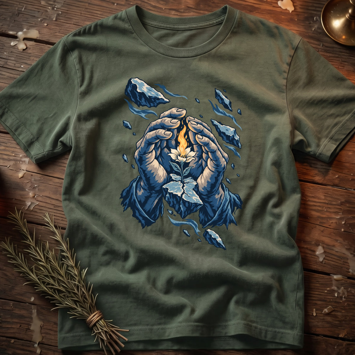 Green t-shirt with blue hands cradling a glowing flower on a rock.