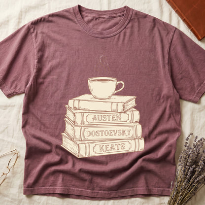 Dark Rose tee with stack of vintage books labeled "AUSTEN," "DOSTOEVSKY," "KEATS" topped with a steaming coffee cup.