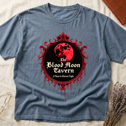 Blue Jean tee with red oval frame, blood-red moon, "The Blood Moon Tavern," "A Toast to Eternal Night," red drips below.