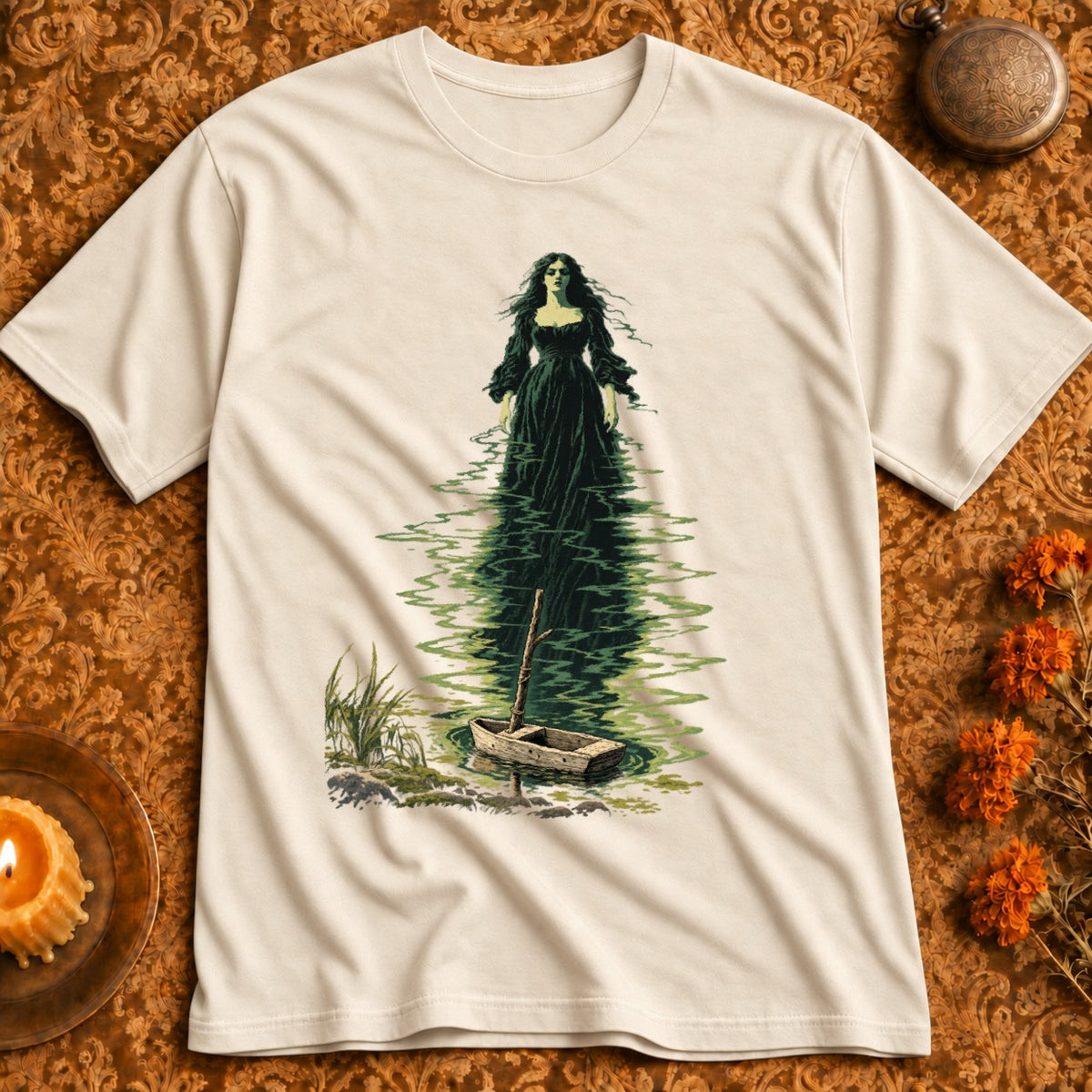 Woman in dark green dress standing in water by a rowboat.