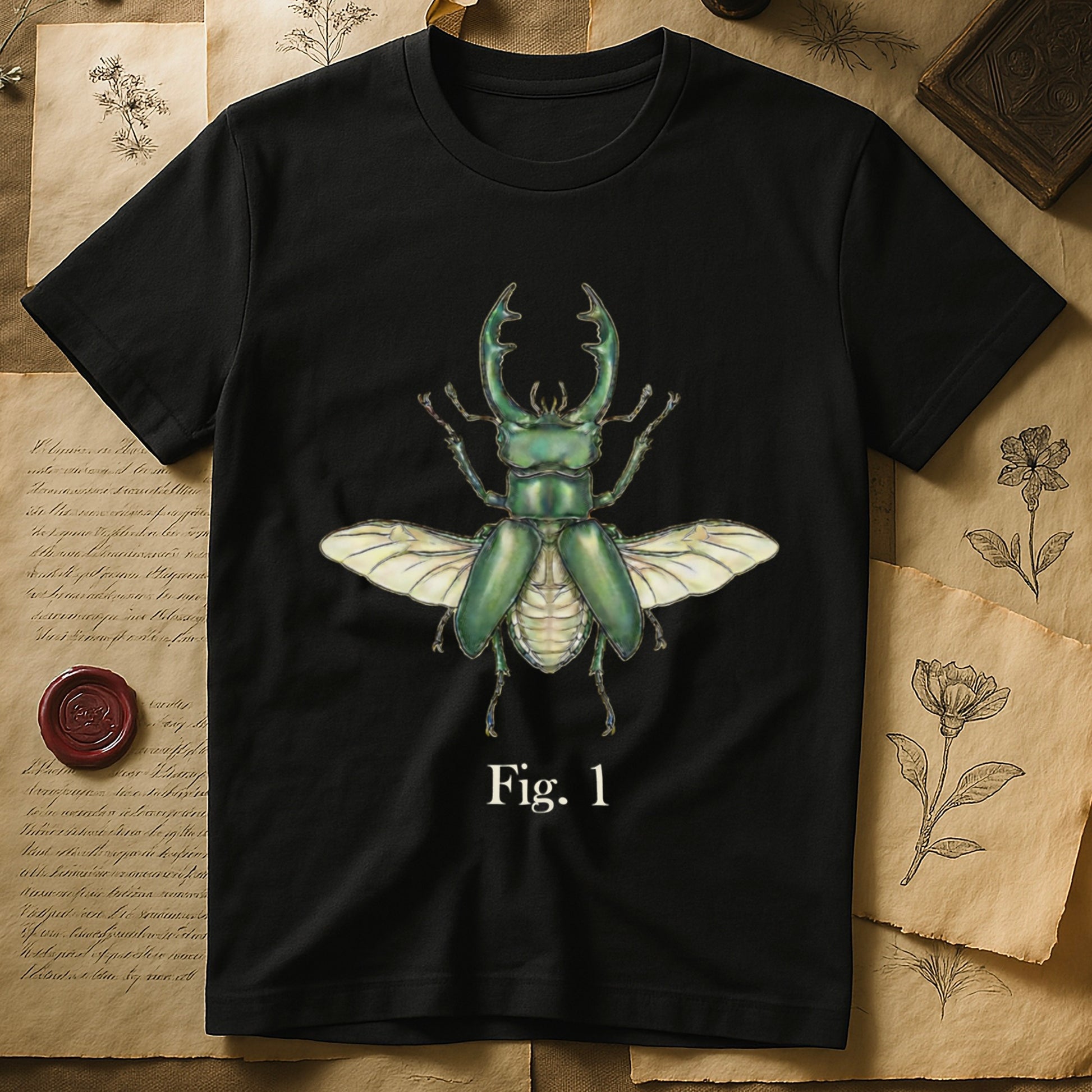 Black t-shirt with a green stag beetle illustration and "Fig. 1" text.