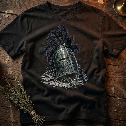 T-shirt with a graphic of a knight's helmet and a fallen king figure.