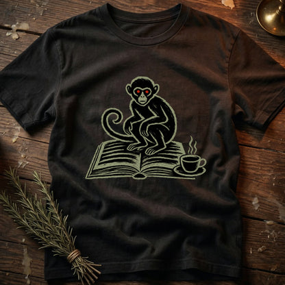 Black t-shirt with graphic of monkey sitting on book with coffee cup.