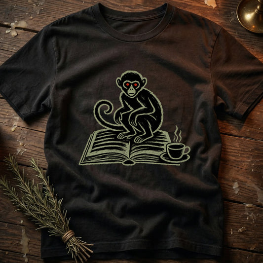 Black t-shirt with graphic of monkey sitting on book with coffee cup.