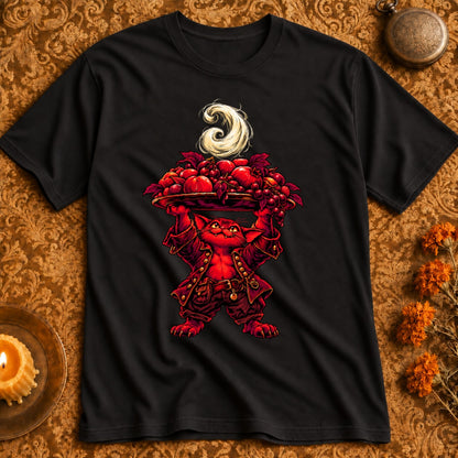 Black t-shirt with a red creature holding a tray of fruit and a golden swirl.