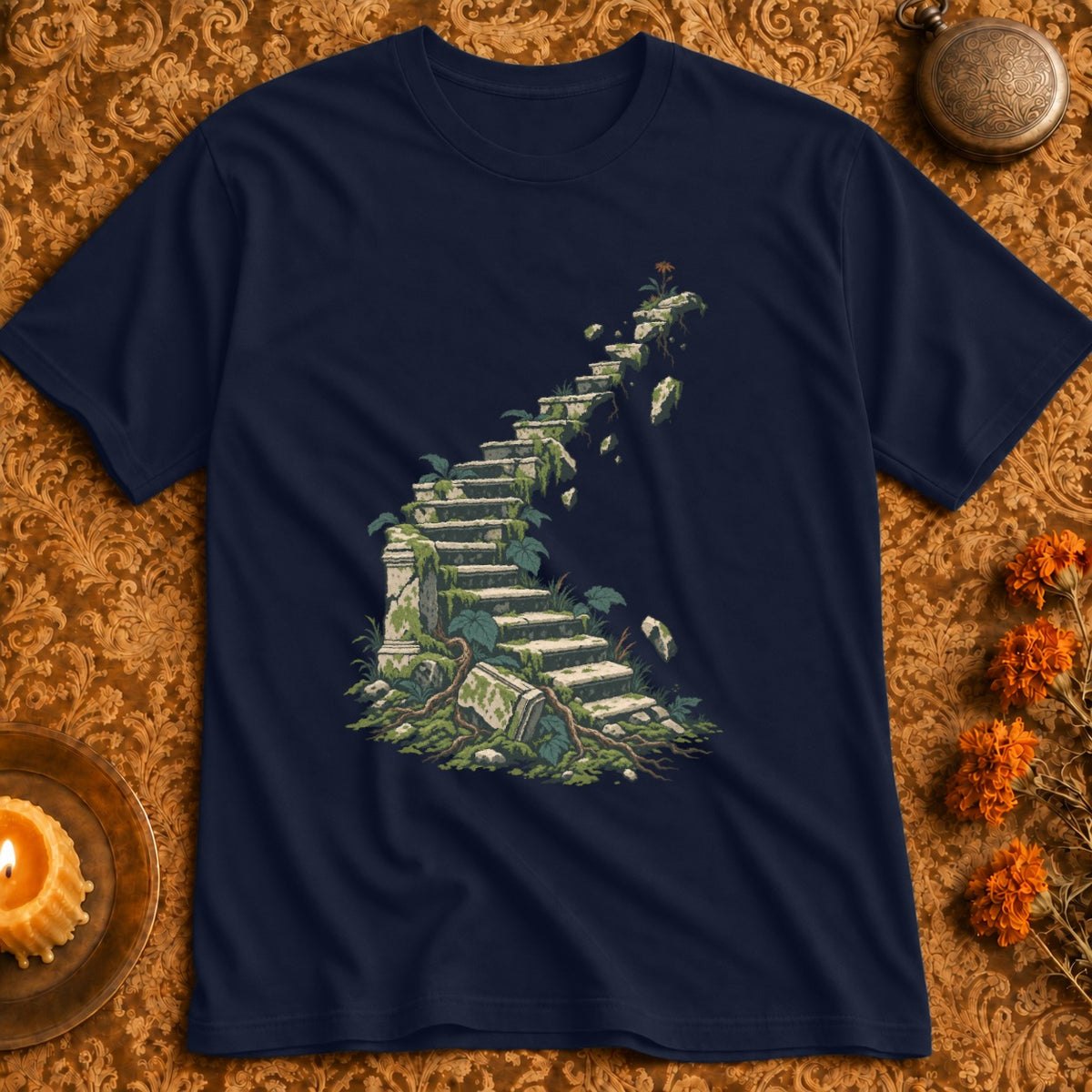 Navy t-shirt with a graphic of crumbling stone stairs overgrown with moss and vines.
