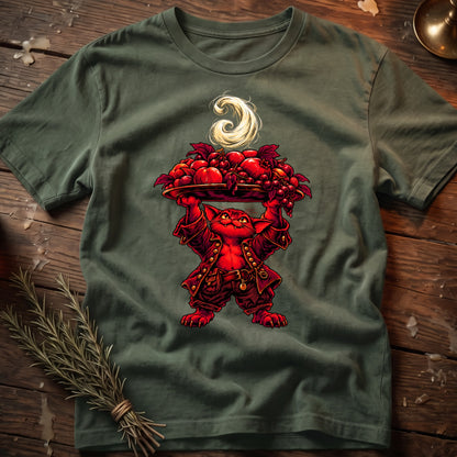Green t-shirt with red cat character holding a tray of fruit and a swirling element.