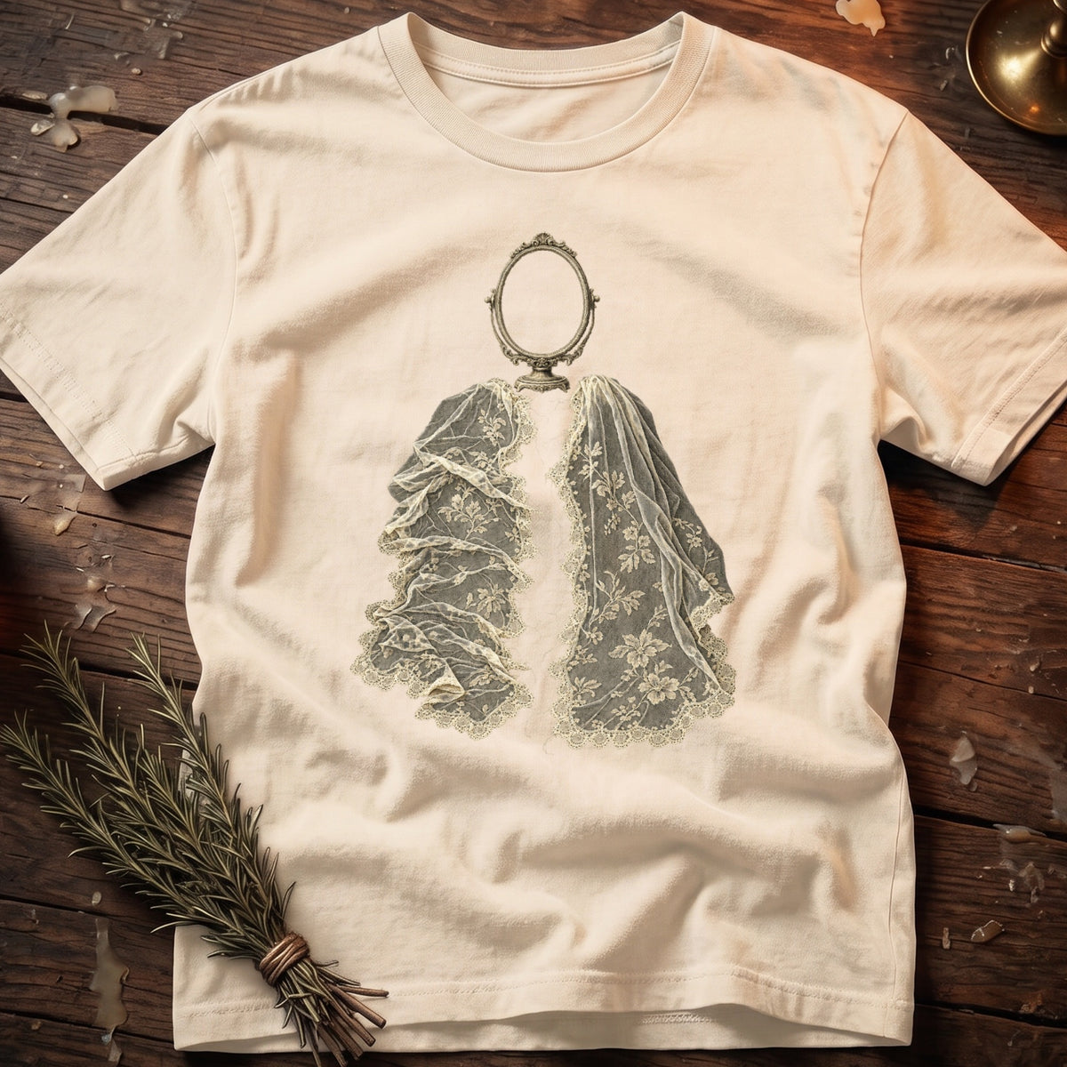 Cream t-shirt with vintage lace and mirror graphic design.