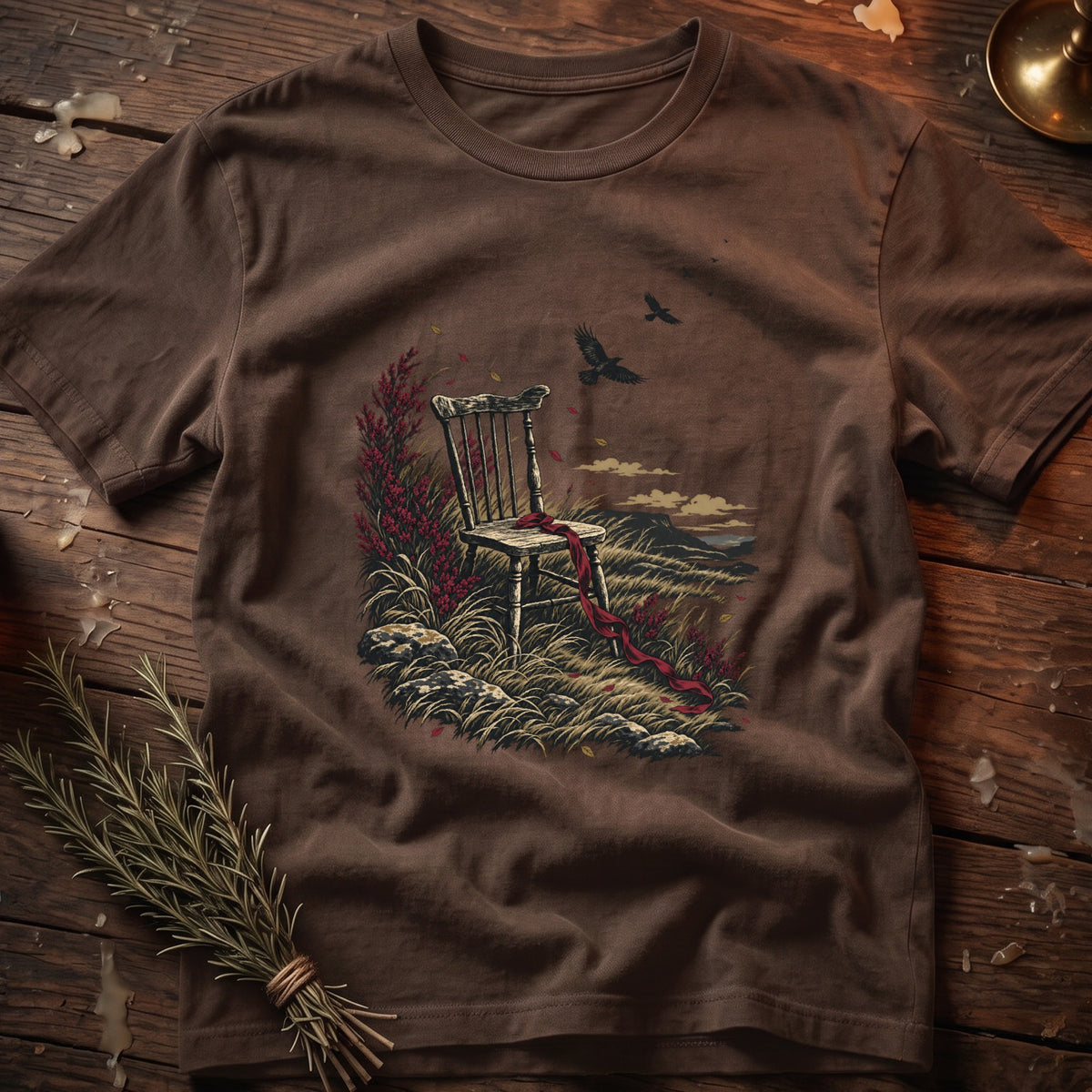 T-shirt graphic with a wooden chair, red ribbon, raven, and landscape.
