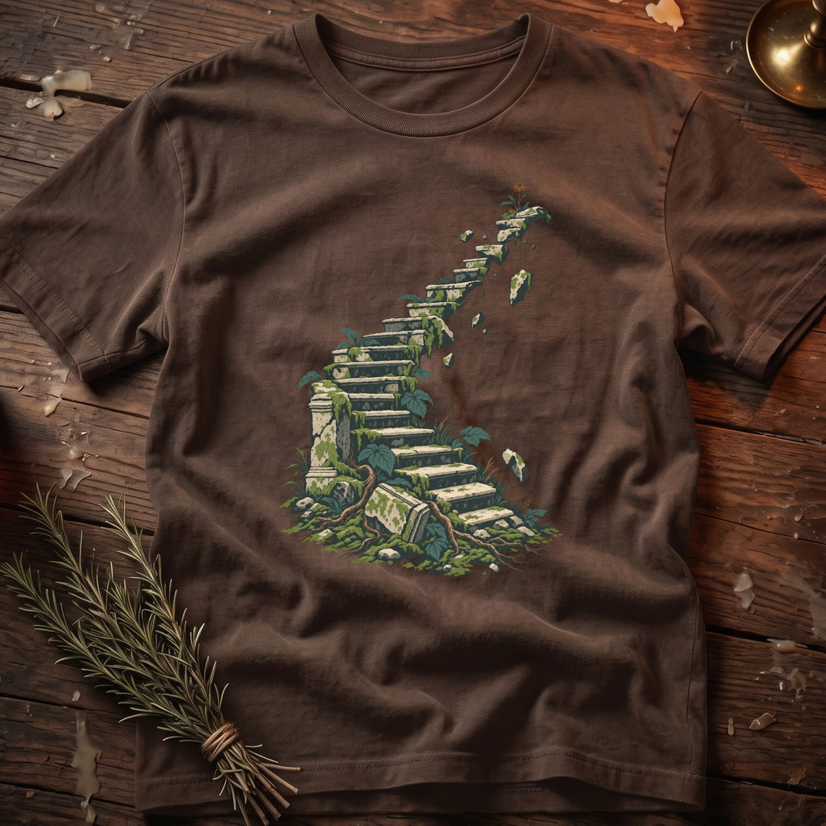Brown t-shirt with graphic of moss-covered stone stairs winding upwards.