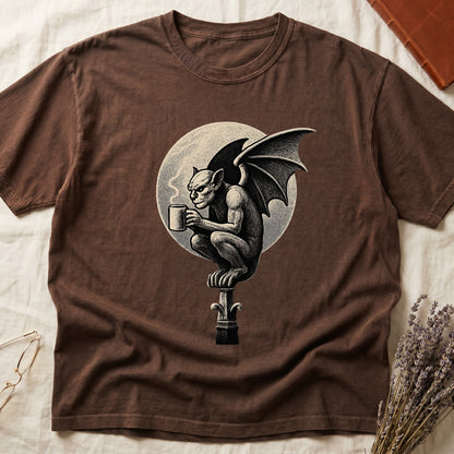 Espresso tee with gargoyle on stone pinnacle holding coffee mug, cream-parchment full moon behind, engraving style.