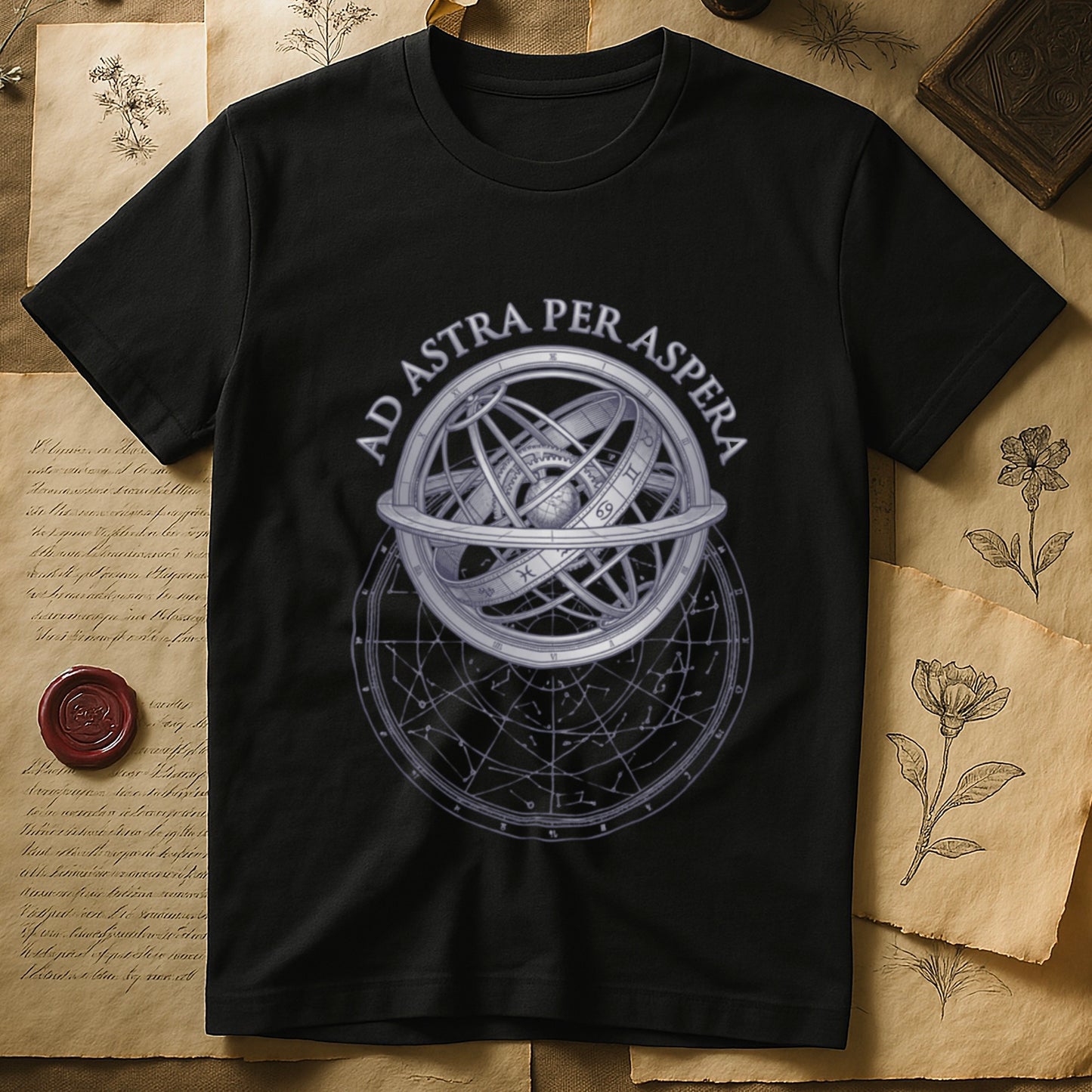 Black tee with engraved armillary sphere, "AD ASTRA PER ASPERA" in serif capitals, zodiac symbols, classical astronomy.