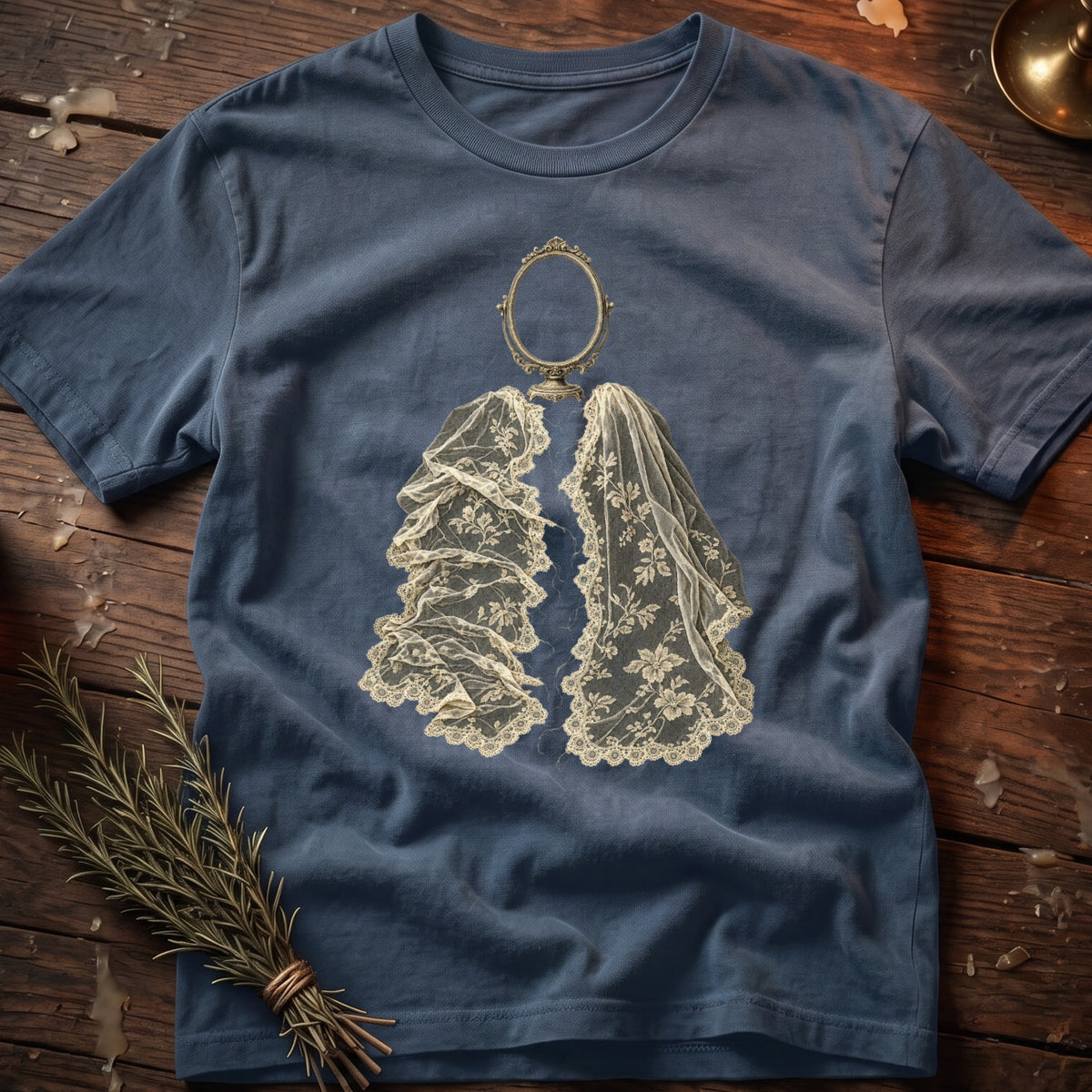 Blue t-shirt with ornate antique mirror and lace veil graphic.