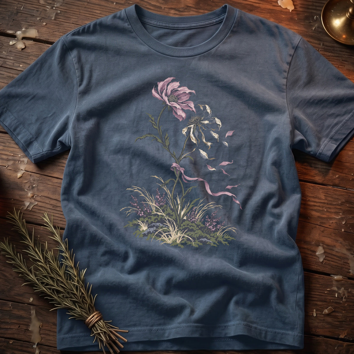 Blue t-shirt with a watercolor floral design of a pink and white flower.