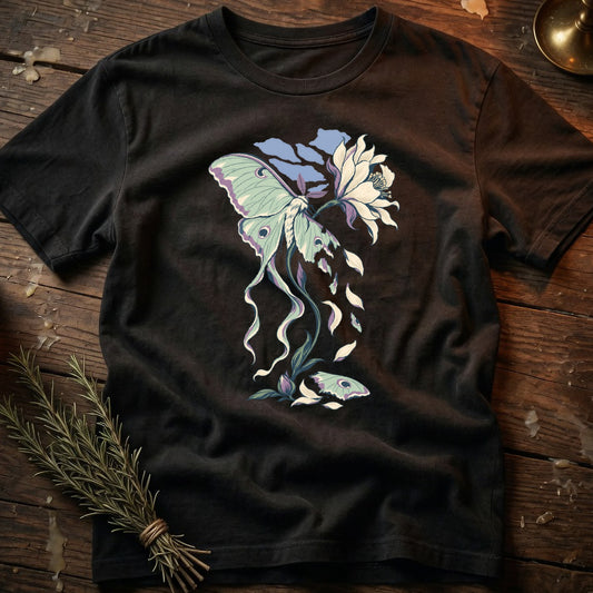 Black t-shirt with a luna moth and flower graphic design.