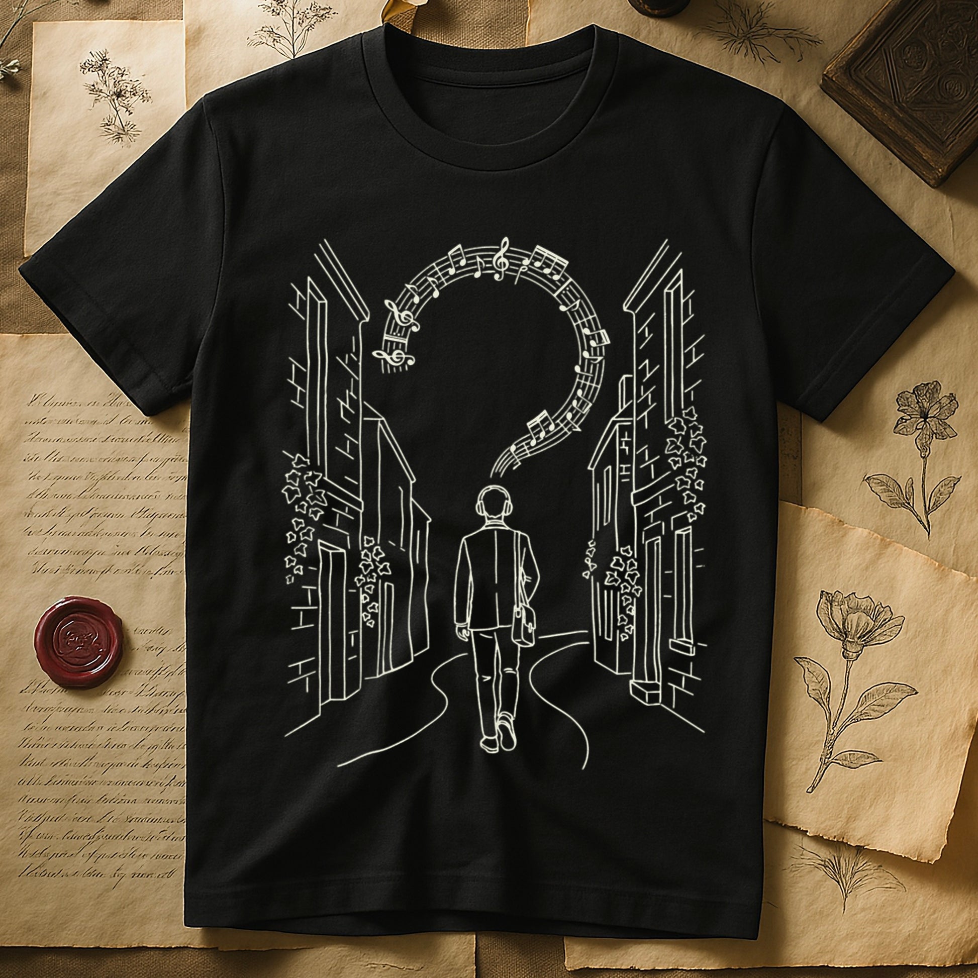 Black tee with cream linework of a Victorian campus building with climbing ivy across the facade.