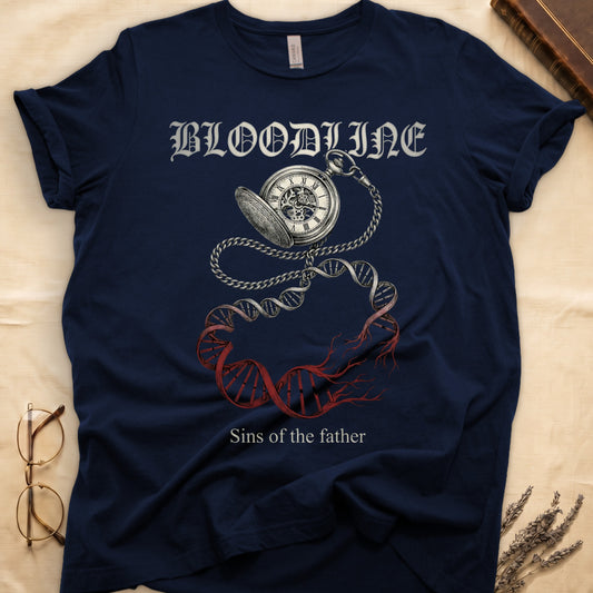 Navy tee with antique pocket watch chain becoming DNA helix with red roots, "BLOODLINE" top, "Sins of the father" below.