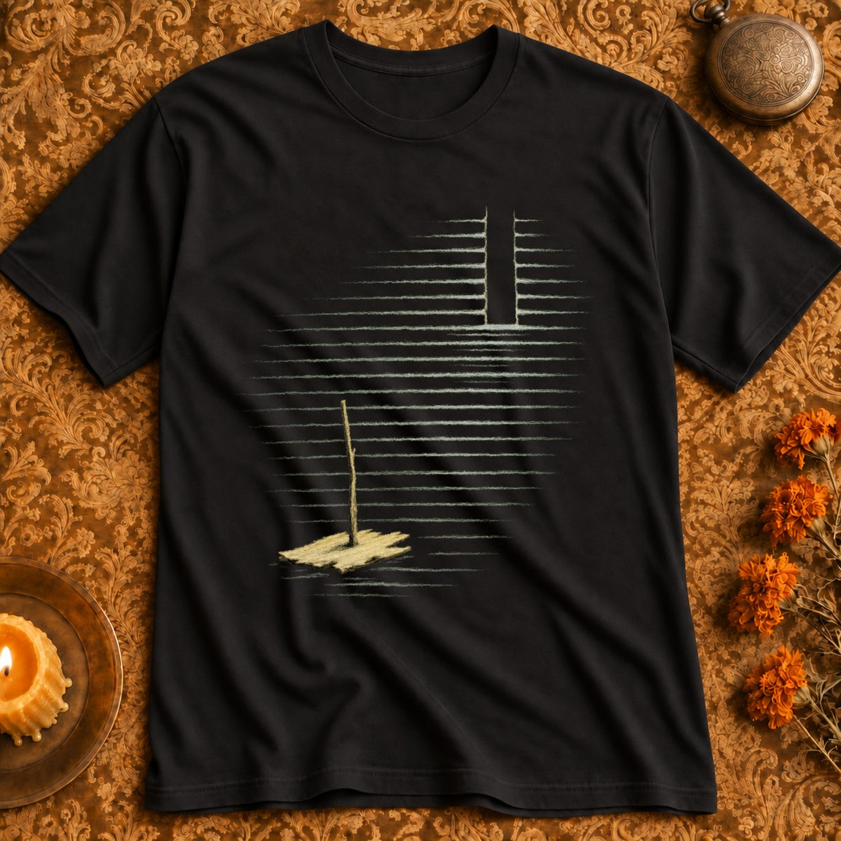 Black t-shirt with abstract horizontal lines, a vertical rectangle, and a yellow staff.