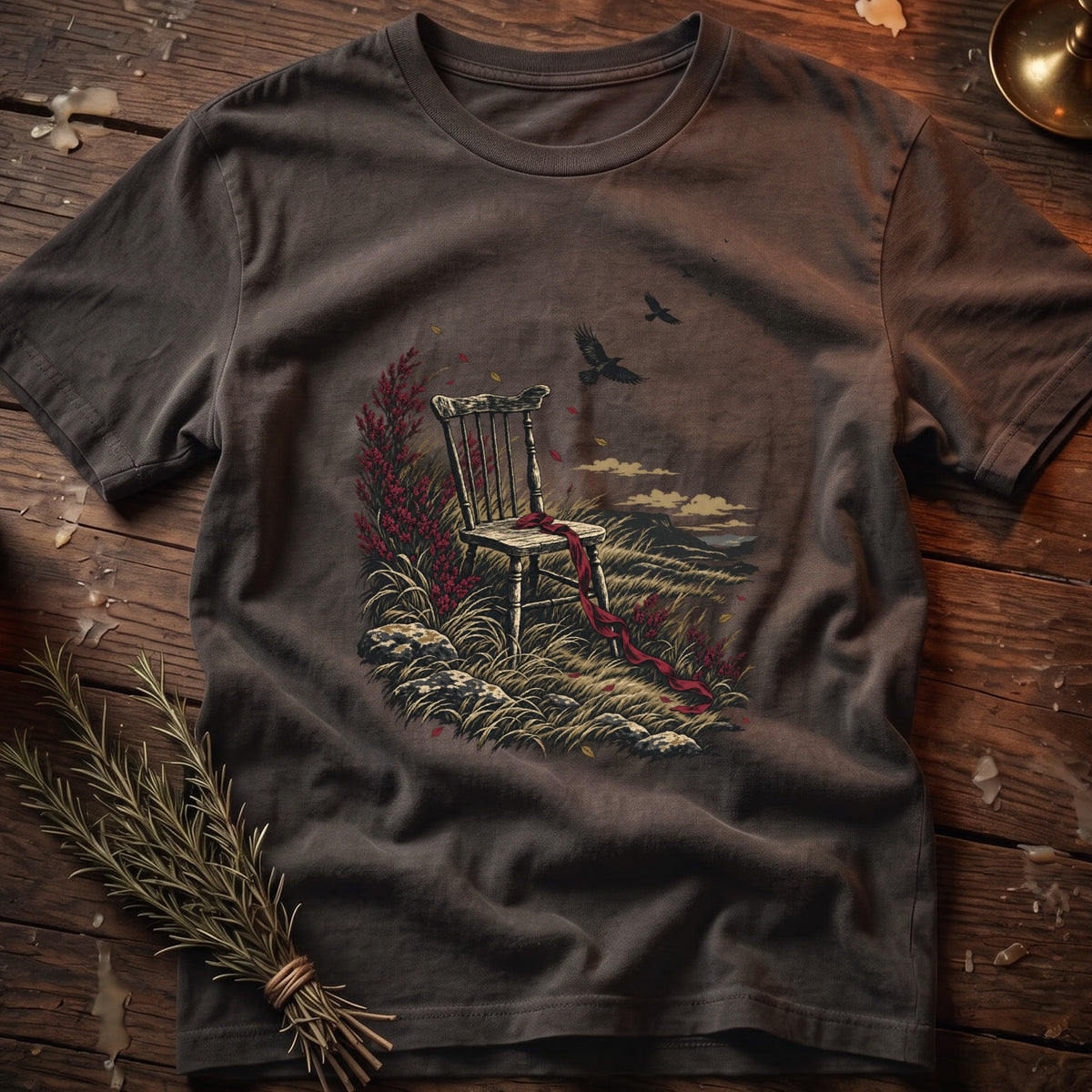 T-shirt with vintage chair, red ribbon, and raven graphic on grassy landscape.