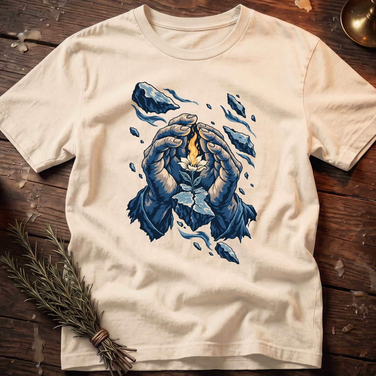 Cream t-shirt with graphic of hands holding a flower with a flame above it.
