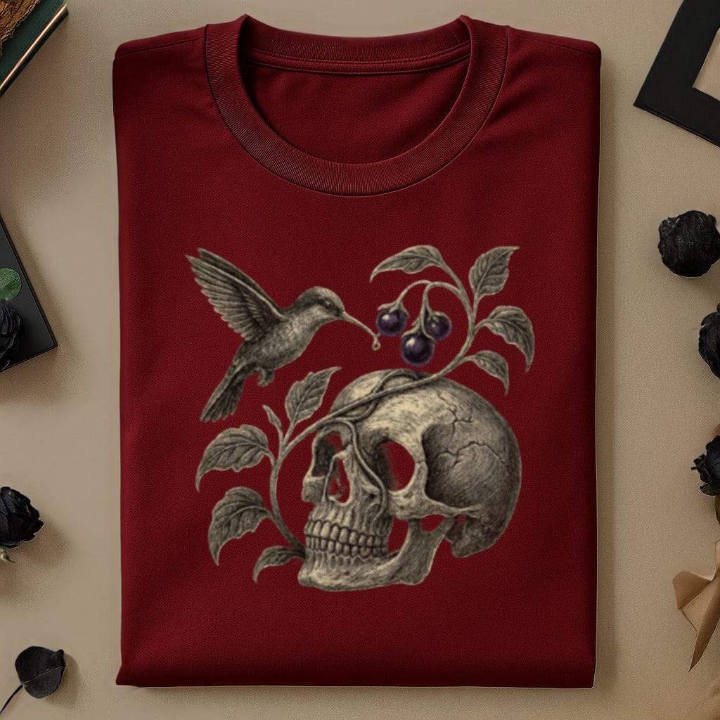 Dark Red Shirt with Skull Hummingbird and Berries product type