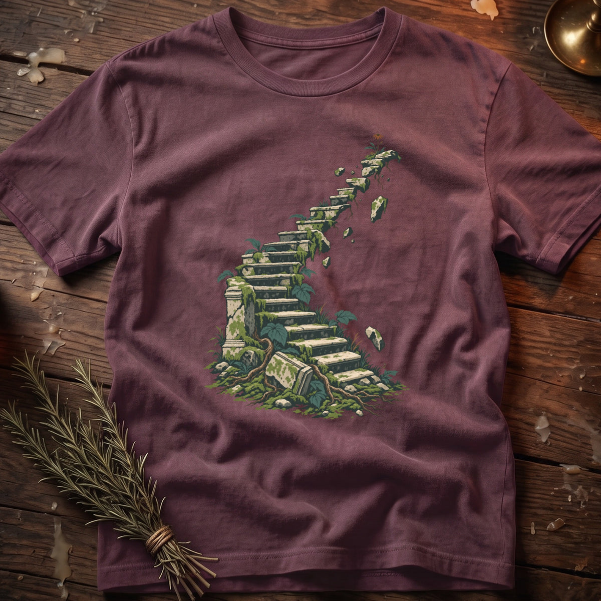 T-shirt with illustration of overgrown, crumbling stone steps leading upwards.