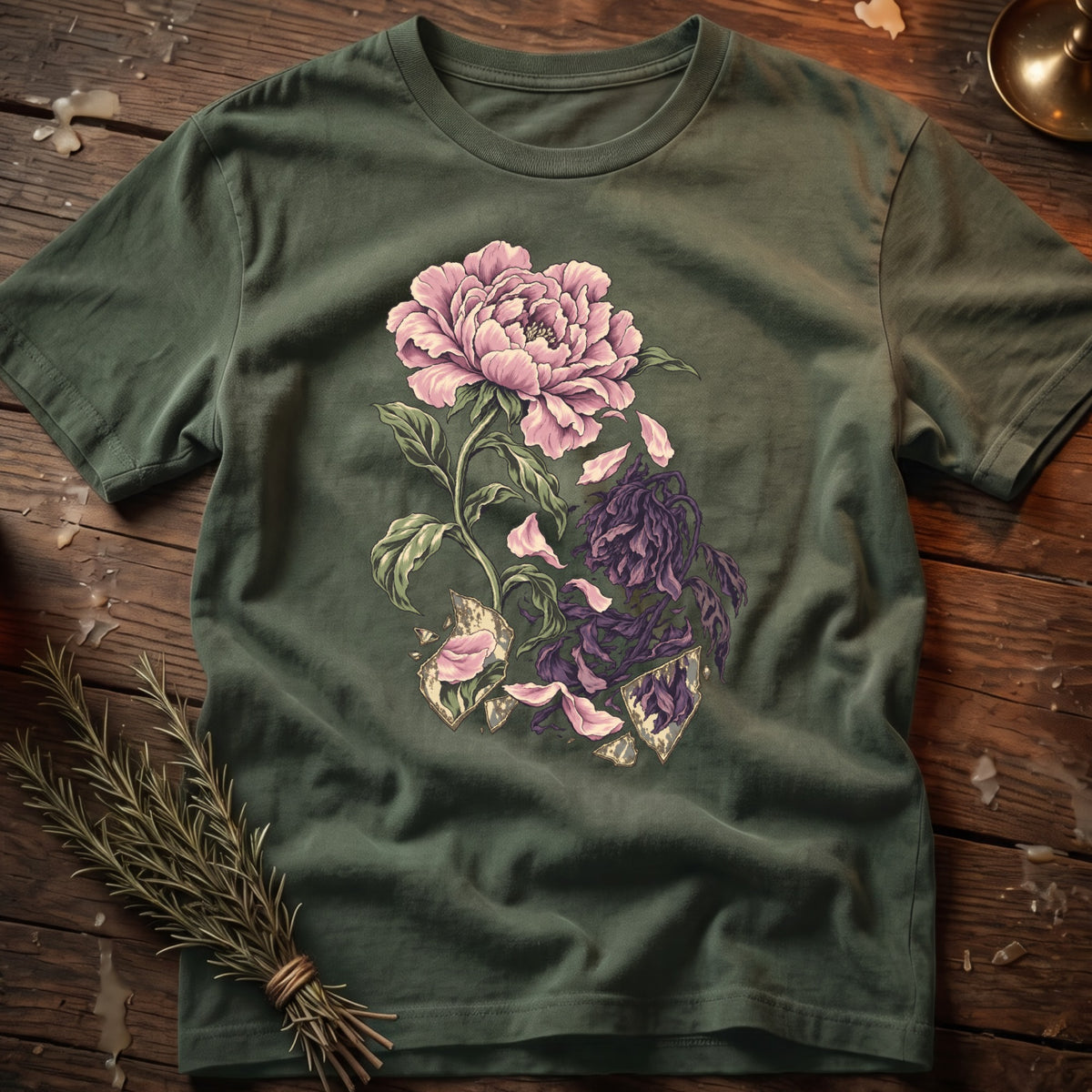 Green t-shirt with a detailed illustration of a peony and wilting flowers.