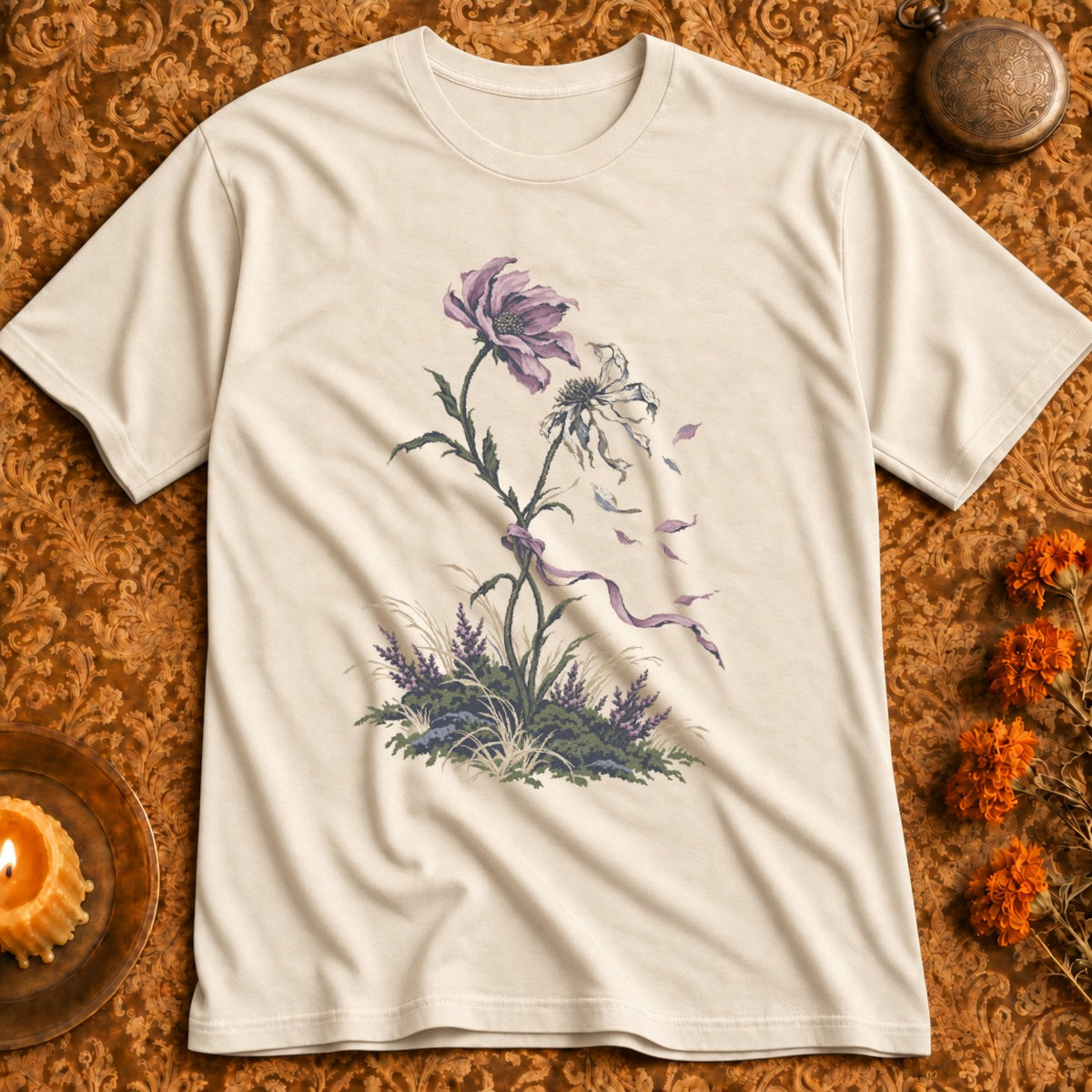 T-shirt with a purple flower and wilting flower design and purple ribbon.