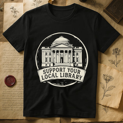 Black tee with circular cream badge of a classical library building, "SUPPORT YOUR LOCAL LIBRARY" on a banner below.