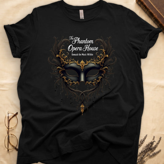 Black tee with gold-and-black masquerade mask, scrollwork wings, "The Phantom Opera House," "Unmask the Music Within."