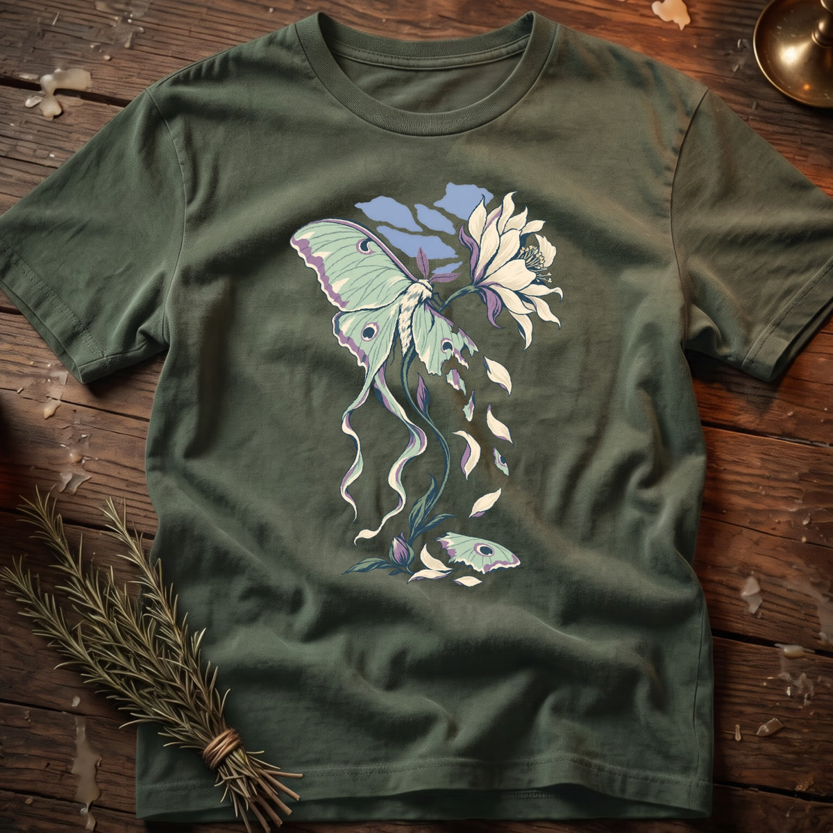 Olive green t-shirt with luna moth and flower graphic.