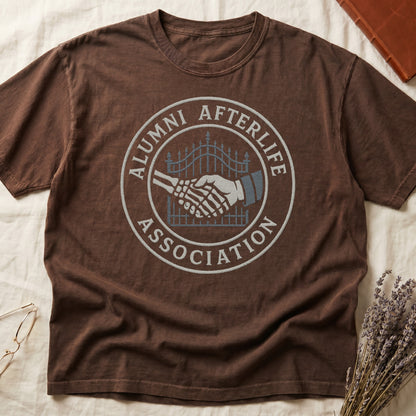 Black tee with embroidered patch, skeletal handshake at cemetery gate, "ALUMNI AFTERLIFE" top, "ASSOCIATION" bottom.
