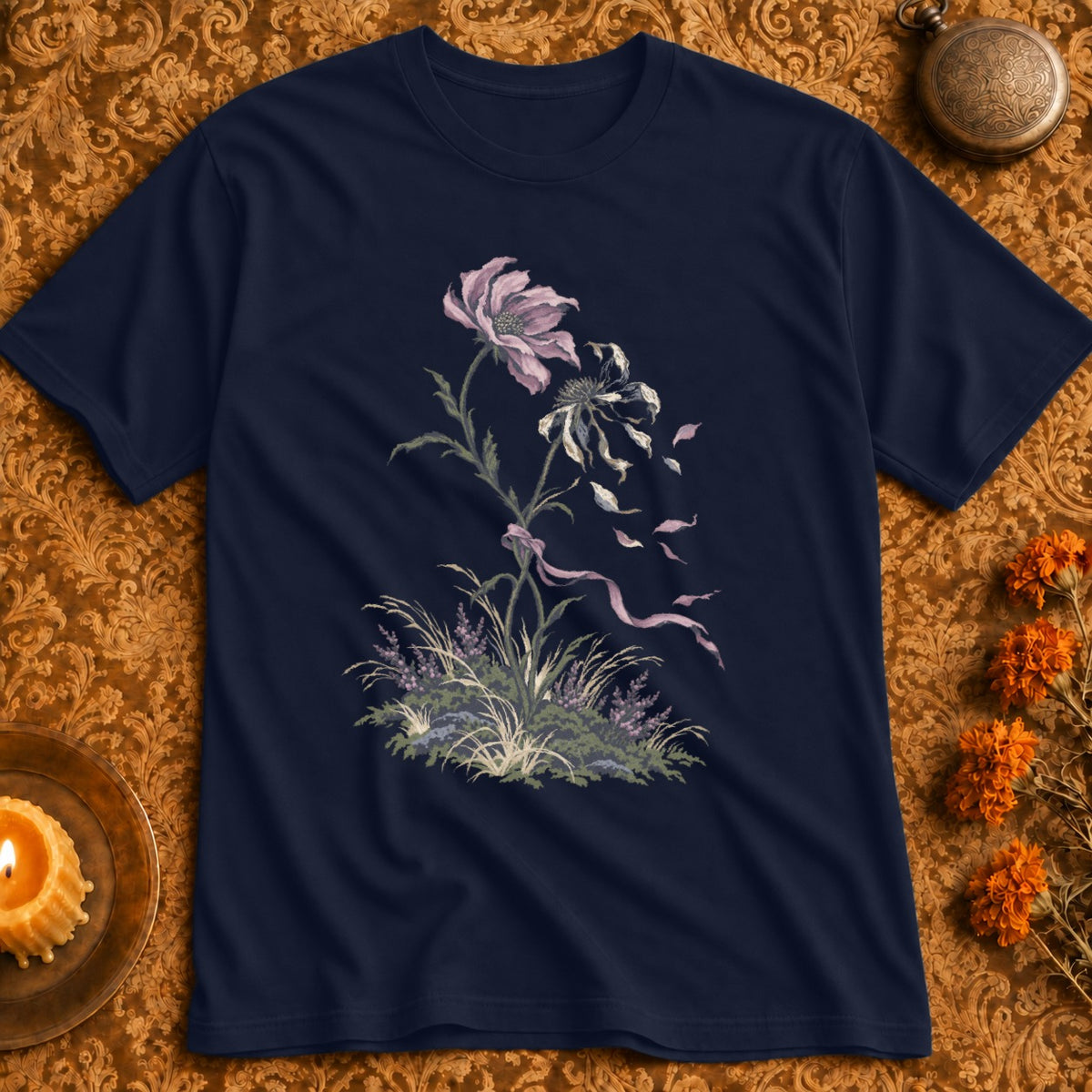 Navy t-shirt with a detailed floral design featuring fading flowers and ribbons.