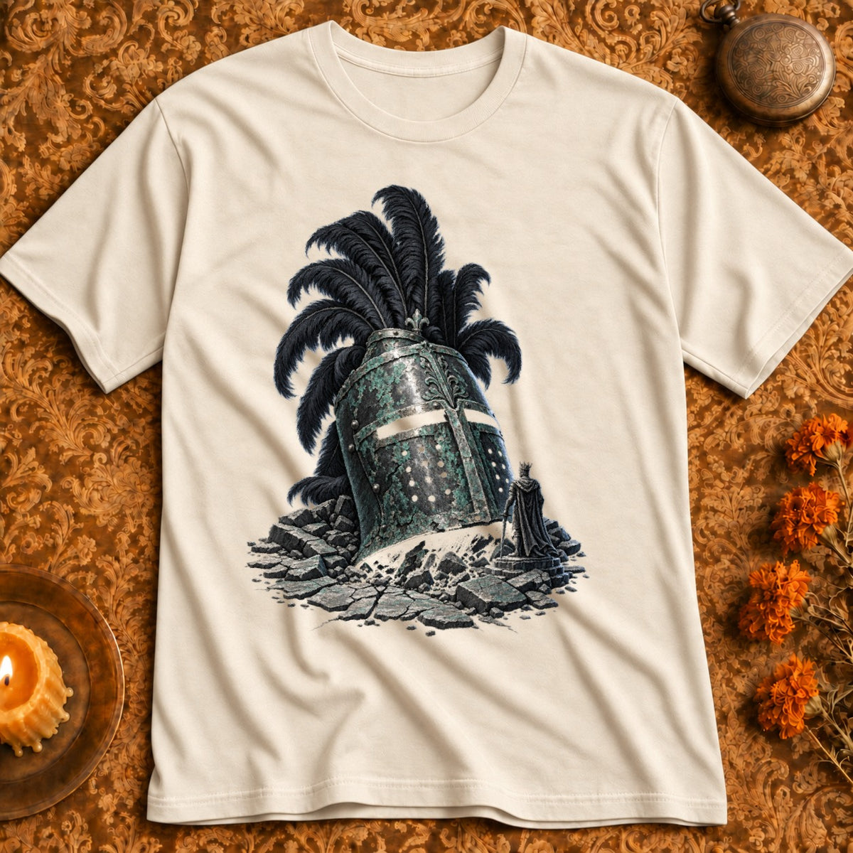 Knight in armor with feathered helmet, on cracked ground beside a crown.