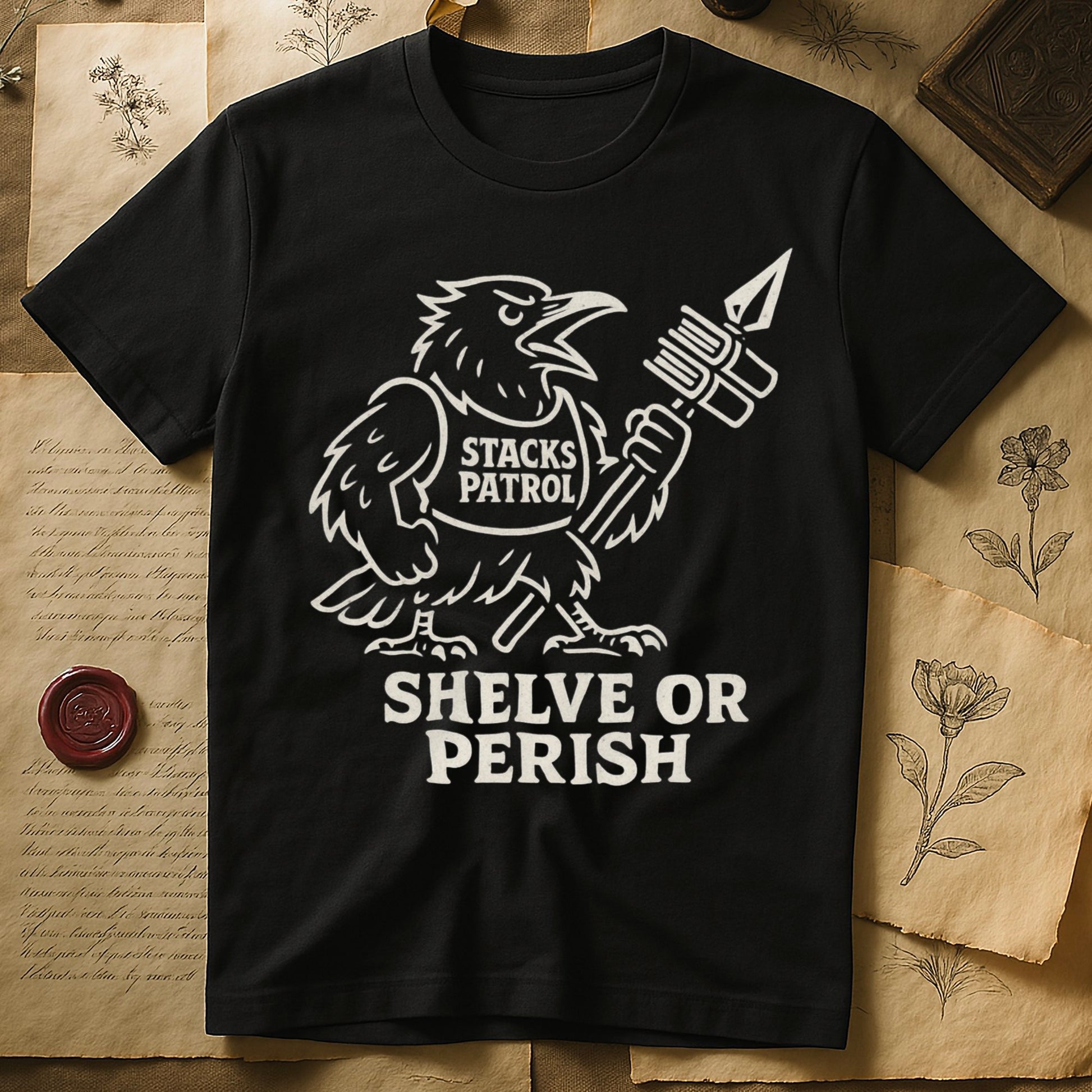 Black tee with vintage raven mascot, "STACKS PATROL" sash, feather pen aloft, "SHELVE OR PERISH" bold serif below.