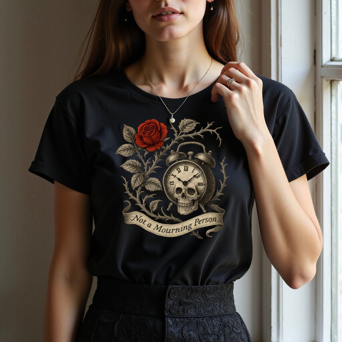 Gothic Skull Clock and Rose Graphic Women's T-Shirt Product