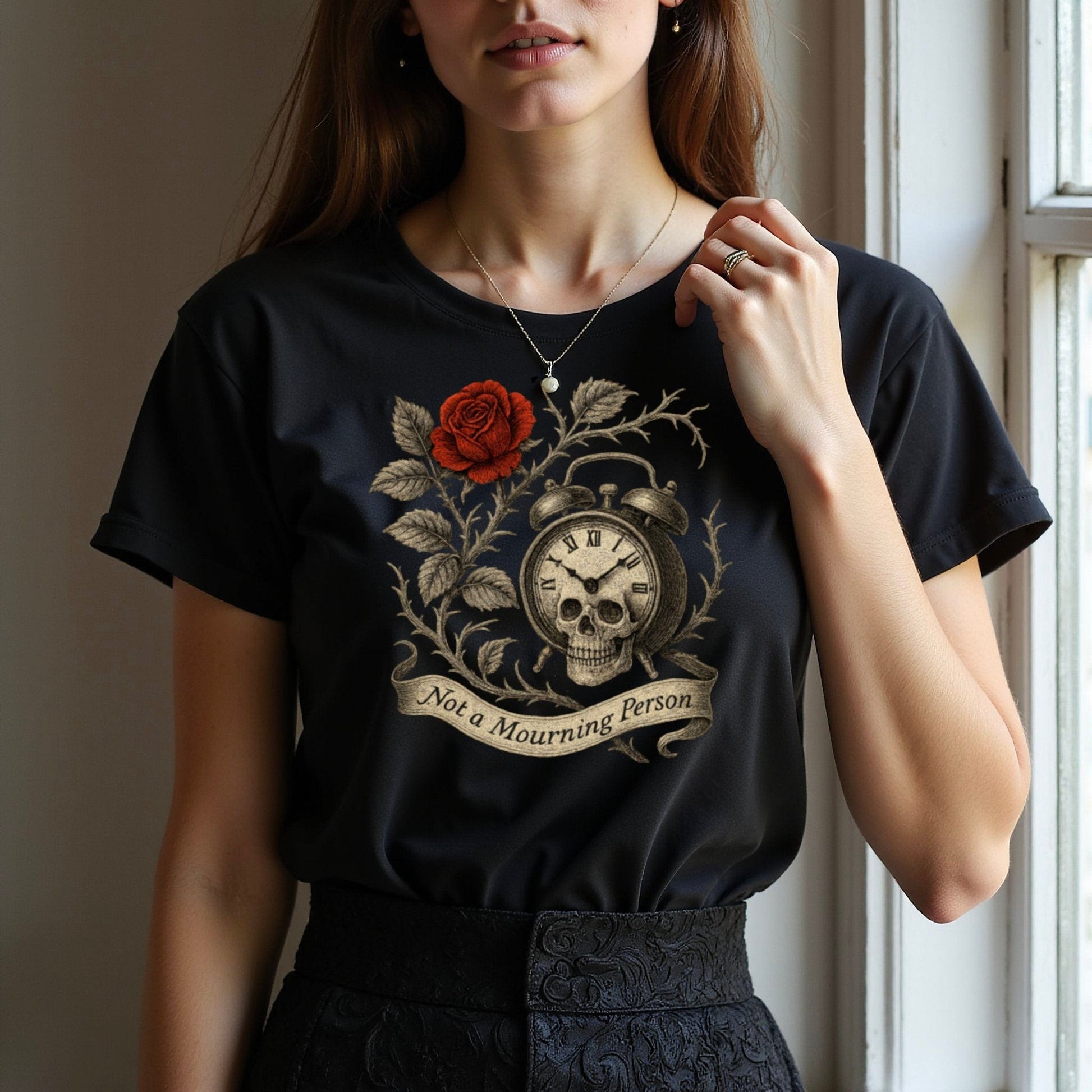 Gothic Skull Clock and Rose Graphic Women's T-Shirt Product