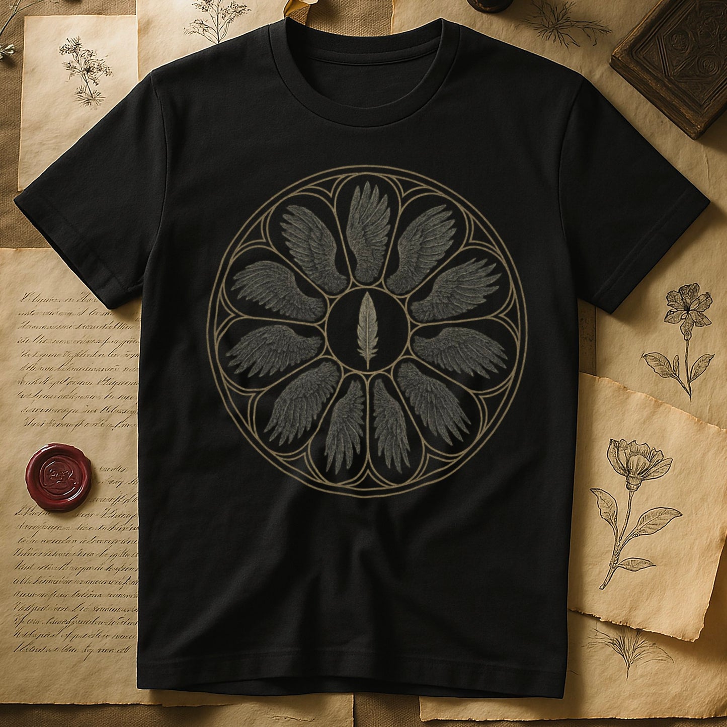 Black tee with sepia rose-window of eight feathered wings around central feather, engraved linework on parchment ground.