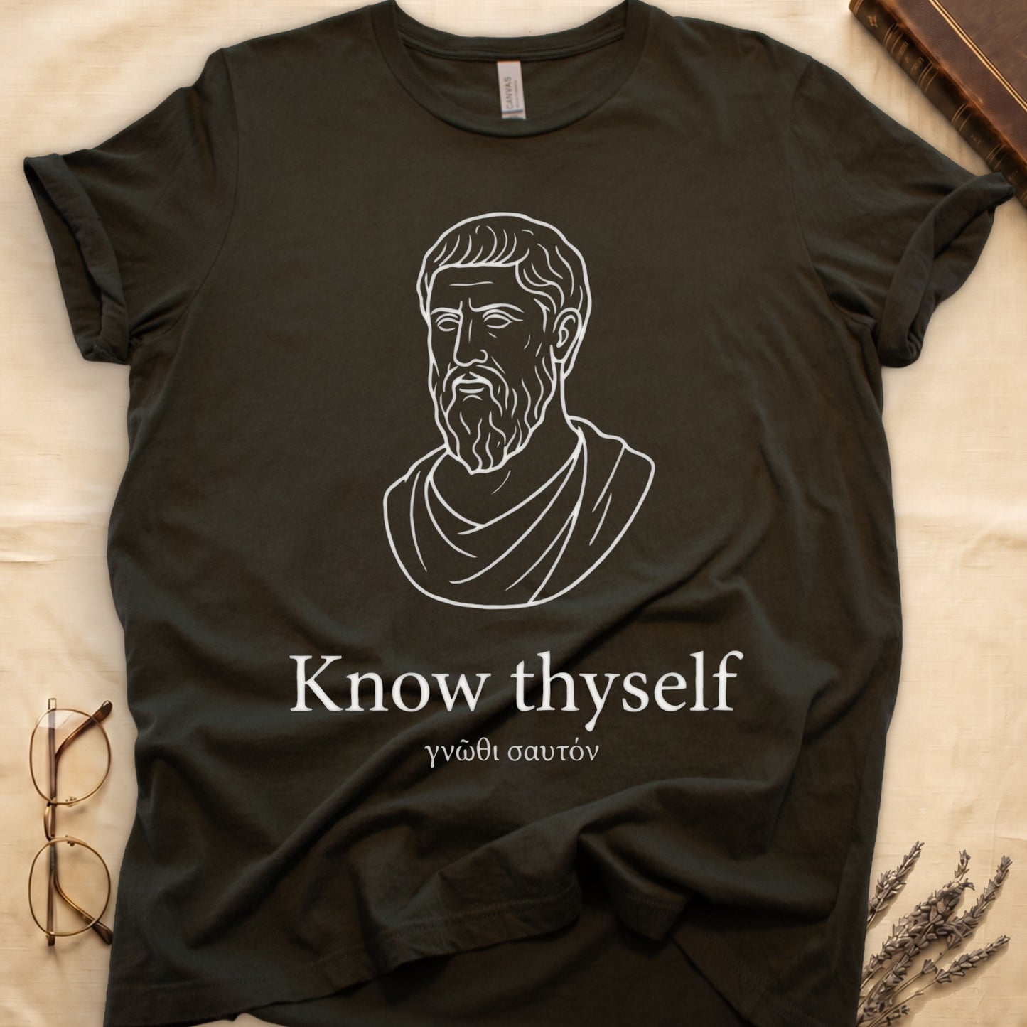 Military Green tee with classical Greek philosopher bust in white linework, "Know thyself" in cream serif below.